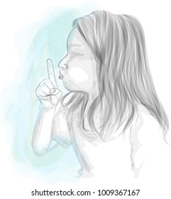 Vector art drawing of little girl with finger over her mouth, Silence Please sign for keep quite