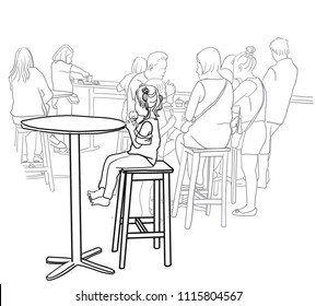 Vector art drawing of lonely little girl sitting on table in restaurant with crowds of people.