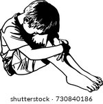 Vector art drawing of Lonely sad child and hug his knees sitting on the floor