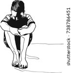 Vector art drawing of Lonely sad child and hug his knees sitting on the floor