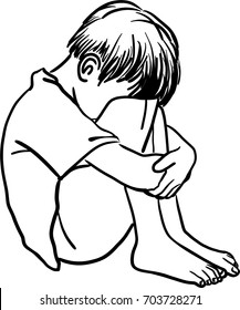 Vector art drawing of Lonely sad child and hug his knees sitting on the floor