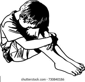 Vector Art Drawing Of Lonely Sad Child And Hug His Knees Sitting On The Floor