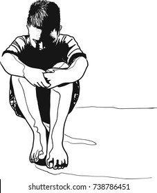 Vector art drawing of Lonely sad child and hug his knees sitting on the floor