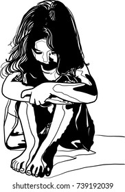 Vector art drawing of Lonely sad little girl and hug his knees sitting on the floor, girl bend down the head