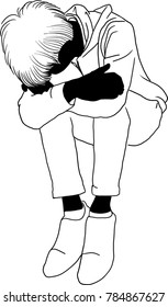 Vector art drawing of Lonely sad young man and hug his knees sitting on the floor