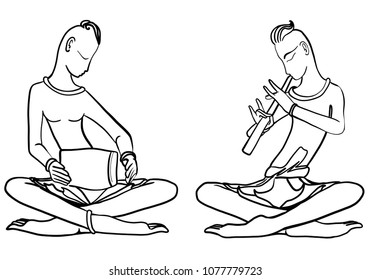 Vector art drawing of male playing flute and musician playing Thai drum.