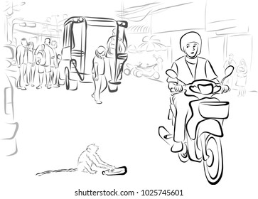 Vector art drawing of The man in the market is on way home while he see's a monkey picking a piece of bottled water on the street.