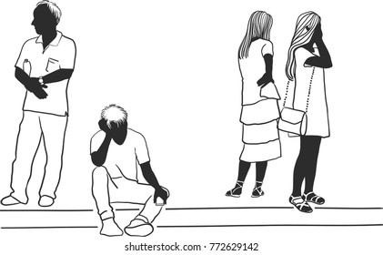 Vector art drawing of man sitting alone in a crowd on white background