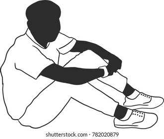 Vector art drawing of man sitting alone,  sad man hugs his knee on white background