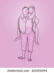 Vector art drawing of mother carrying daughter on his back