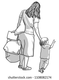 Vector art drawing of mother and child walking along city street with shopping bags.  What is there?