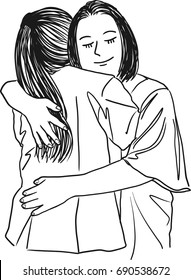 Vector art drawing of mother hugging her teenage daughter,  mother's love on a white background. 