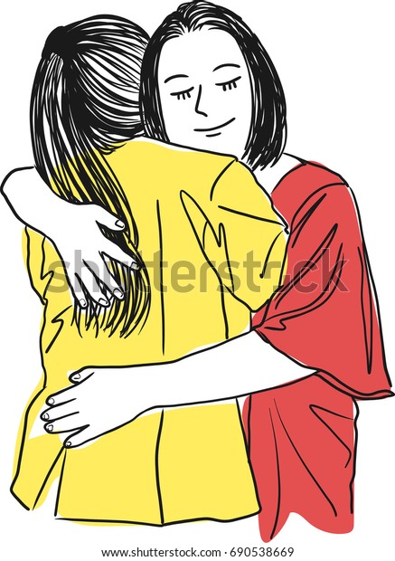 Vector art drawing of mother hugging her teenage daughter, mother's