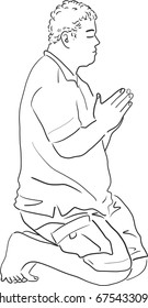 Vector art drawing of old man praying. Asian fat man hand praying, Hands folded in prayer concept for faith, spirituality and religion.