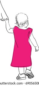 Vector art drawing of parent holds the hand of a small child on white background
