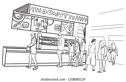 Vector Art Drawing Of People At Bakery Shop.
