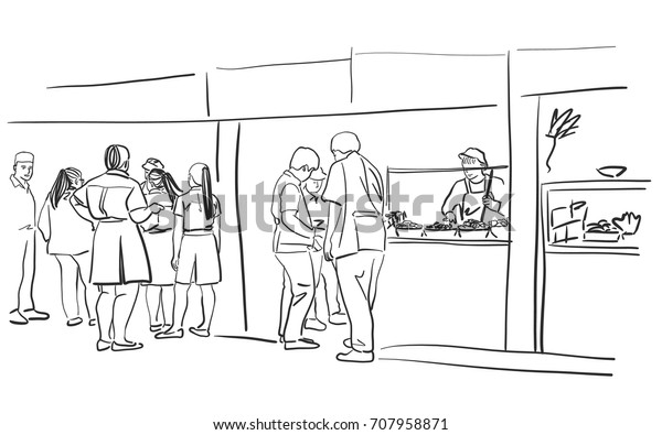 Vector Art Drawing People Food Court Stock Vector (Royalty Free) 707958871