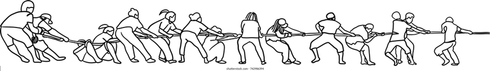 Vector art drawing of People In Tug Of War, partnership concept