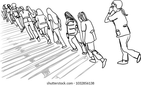 Vector art drawing people in uniform going up steep stairs