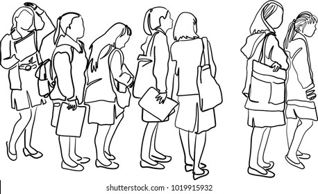 Vector art drawing of people waiting in line, Full length side view