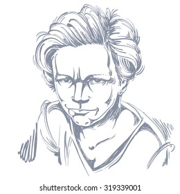 Vector art drawing, portrait of angry girl isolated on white. Facial expressions, people negative emotions.