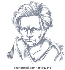 Vector art drawing, portrait of angry girl isolated on white. Facial expressions, people negative emotions.