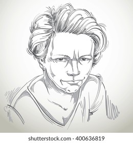 Vector art drawing, portrait of angry girl isolated on white. Facial expressions, people negative emotions.
