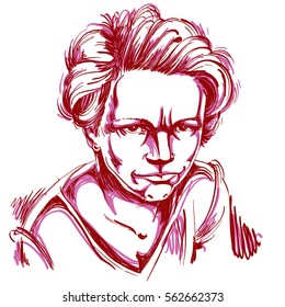 Vector art drawing, portrait of angry girl isolated on white. Facial expressions, people negative emotions.
