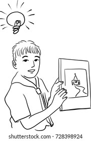 Vector art drawing of Portrait of confident boy giving presentation in conference room