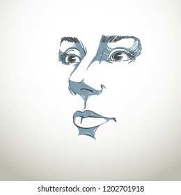 Vector art drawing, portrait of gorgeous dreamy girl isolated on white. Facial expressions, people positive emotions. Caucasian melancholic woman, visage features.