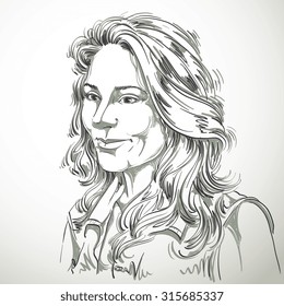 Vector art drawing, portrait of gorgeous dreamy girl isolated on white. Facial expressions, people positive emotions. Caucasian melancholic woman.