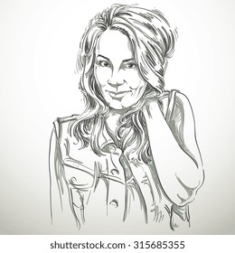 Vector art drawing, portrait of gorgeous flirting girl isolated on white. Facial expressions, people positive emotions, sexy lady with long wavy hair.