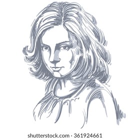 Vector art drawing, portrait of gorgeous romantic girl isolated on white. Facial expressions, people positive romantic emotions.