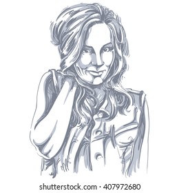 Vector art drawing, portrait of gorgeous flirting girl isolated on white. Facial expressions, people positive emotions, sexy lady with long wavy hair.