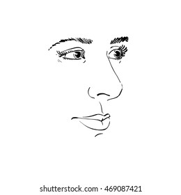 Vector art drawing, portrait of gorgeous dreamy girl isolated on white. Facial expressions, people positive emotions. Caucasian melancholic woman, visage features.