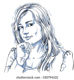 Vector art drawing, portrait of gorgeous flirting girl isolated on white. Facial expressions, people positive emotions.