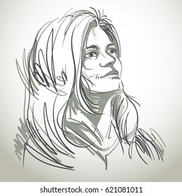 Vector art drawing, portrait of gorgeous romantic girl isolated on white. Facial expressions, people positive emotions.