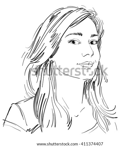 Vector art drawing, portrait of gorgeous dreamy girl isolated on white. Facial expressions, people positive emotions, tender lady.