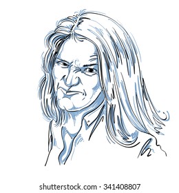 Vector art drawing, portrait of nasty girl with wrinkles making ugly grimace. Facial expressions, people emotions, unpleasant face.