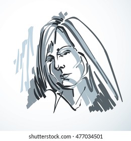 Vector art drawing, portrait of romantic girl isolated on white, face features. Minimal art graphic illustration.
