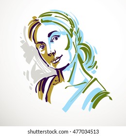 Dibujo de arte vectorial, retrato de una chica romántica aislada en blanco, rasgos faciales. Ilustración gráfica de arte mínima.