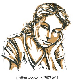 Vektorkunstzeichnung, Portrait von traurigem und depressiv Mädchen, denken über etwas. Gesichtsausdrücke, Menschen Emotionen, romantische und zärtliche junge Frau.
