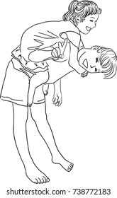 Vector art drawing Pretty little girl riding sister's back   gently embracing her and smile
