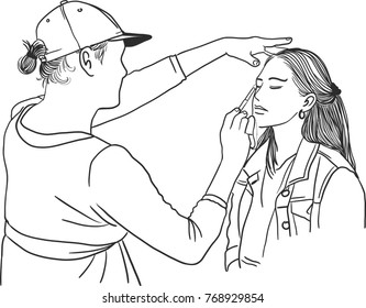 Vector art drawing of Professional makeup artist working with beautiful young woman