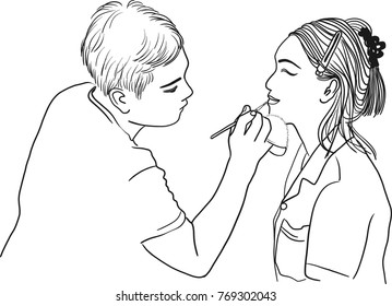 Vector art drawing of Professional makeup artist working with beautiful young woman on white background