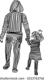 Vector art drawing of rear view daughter walking street holding hands her Mother on white background