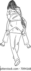 Vector art drawing of rear view young woman carrying her female friend on her back