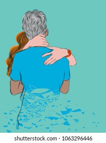 Vector art drawing of Romantic couple hugging on green blue background.