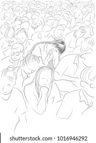 Vector art drawing of sad young man sitting on a floor in the middle, A single sad in a crowd