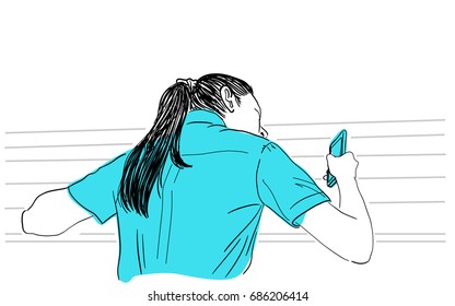 Vector art drawing of Sad young woman waiting for a phone call and looking 